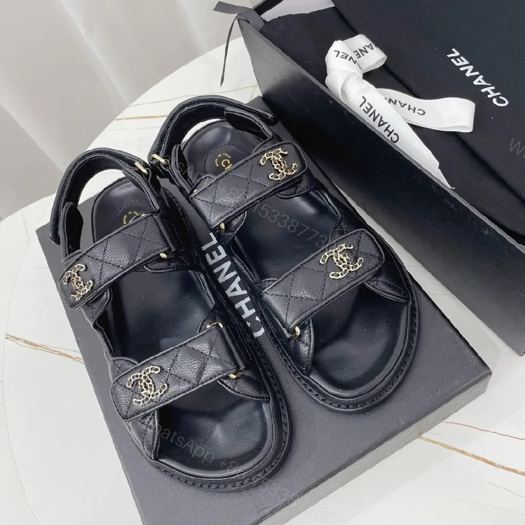 View 7 of Black Leather Sandals with Quilted Detail, Velcro Straps, Cushioned Comfort