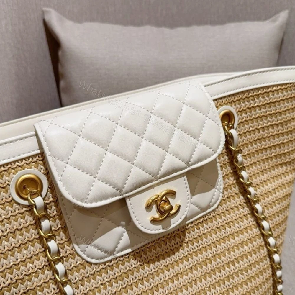 View 9 of Chanel Small Shopping Bag Braided Straw Beige White 25Cm