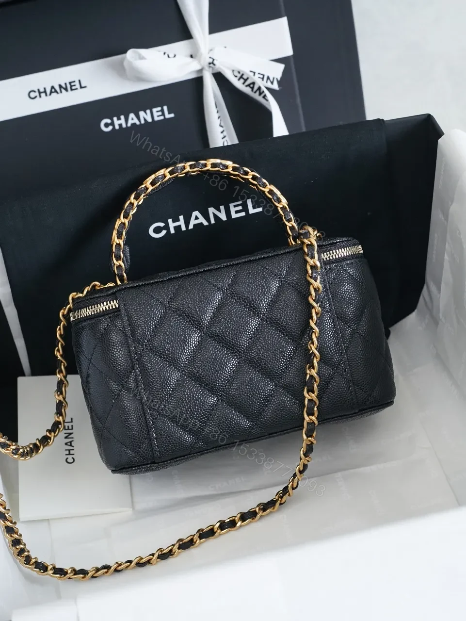 View 6 of Quilted Black Leather Mini Bag: Gold Chain, Iconic CC