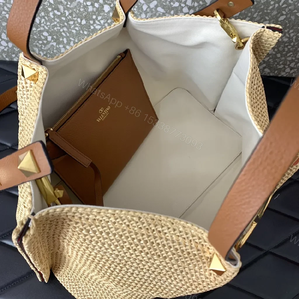 View 3 of Gleaming Straw Tote with Gold Crest, Everyday Luxe