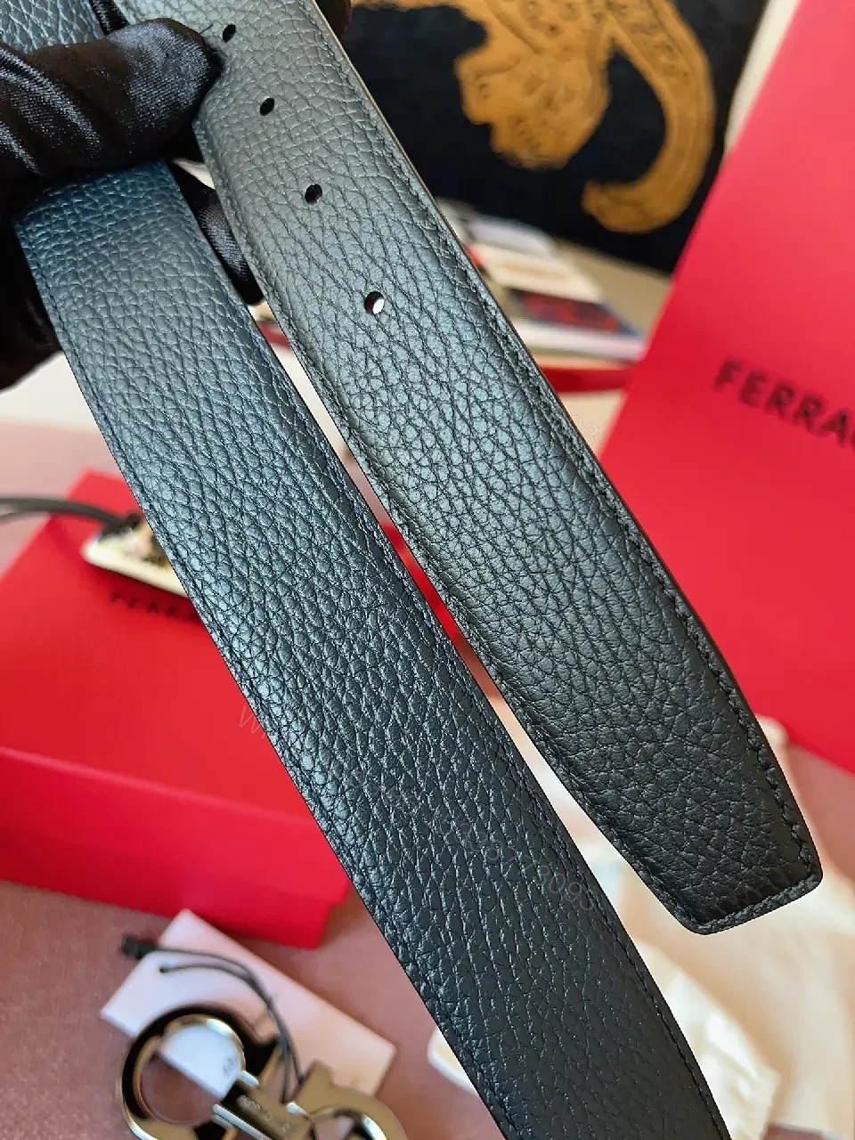 View 8 of Bold Leather Belt with Double-Gancini Hardware