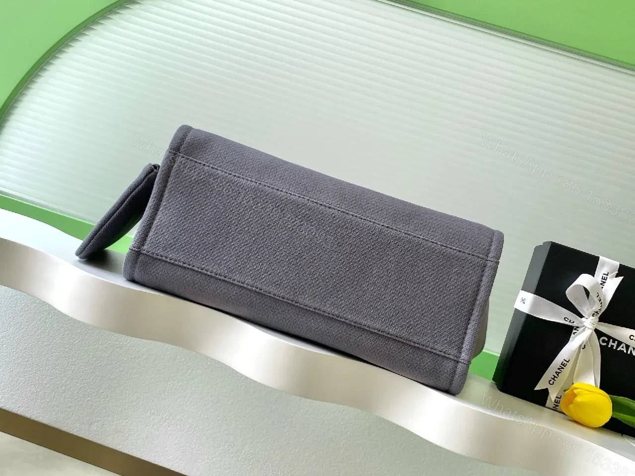 View 2 of Charcoal Canvas Tote: Leather Handles, Chain Accent, Structured Designer-Inspired Tote