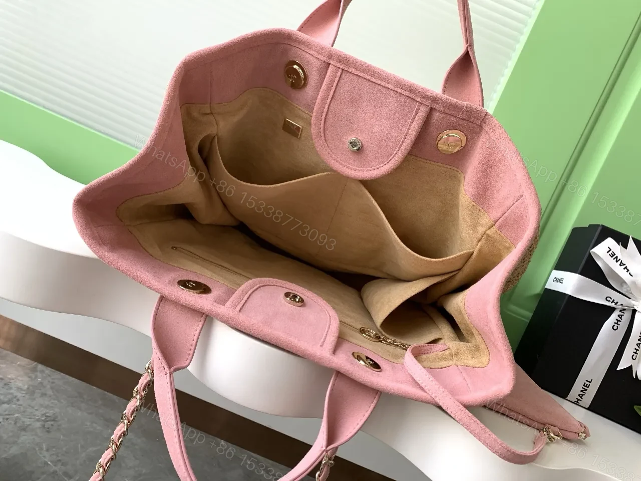 View 4 of Pink Straw Tote with Leather Trim, Structured Chanel-Inspired, High-End Carryall
