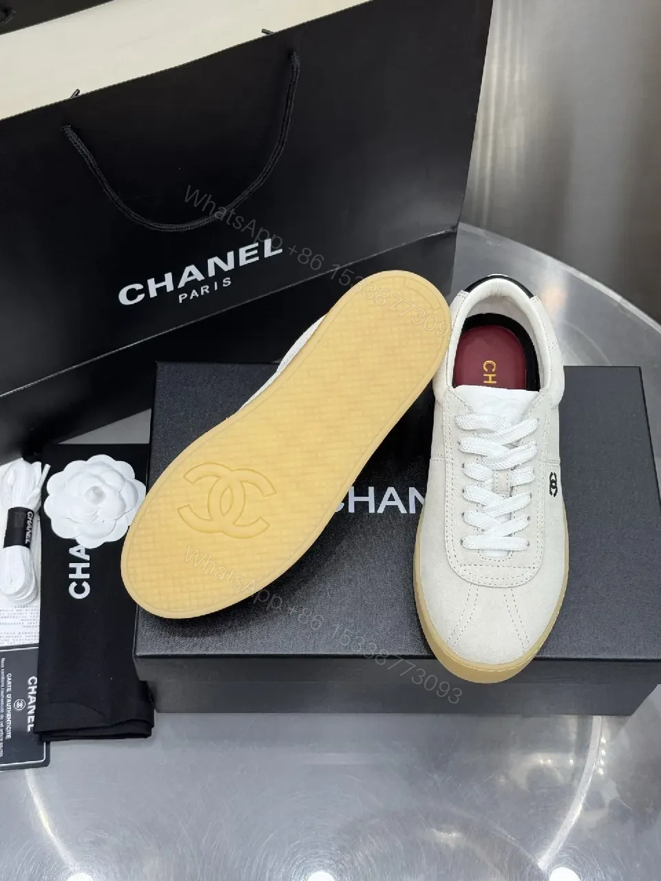 View 7 of Beige Leather Style Sneakers with Gum Sole