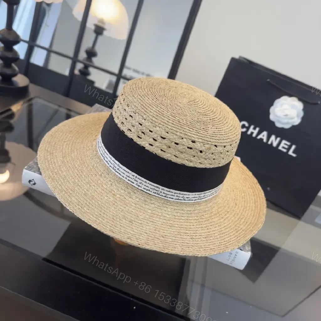 View 11 of Natural Straw Fedora Hat with Bow Ribbon Detail - Chanel Logo
