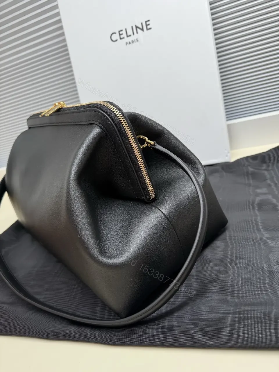 View 9 of Black Leather Minimalist Satchel with Gold Hardware, Structured