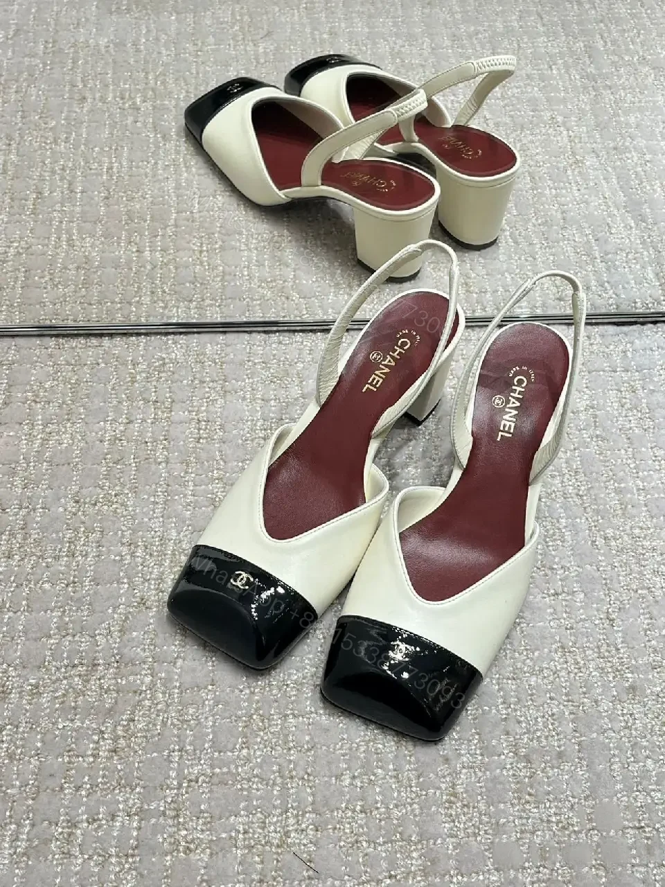 View 4 of Ivory & Black Cap-Toe Slingback Pump, Modern Block Heel