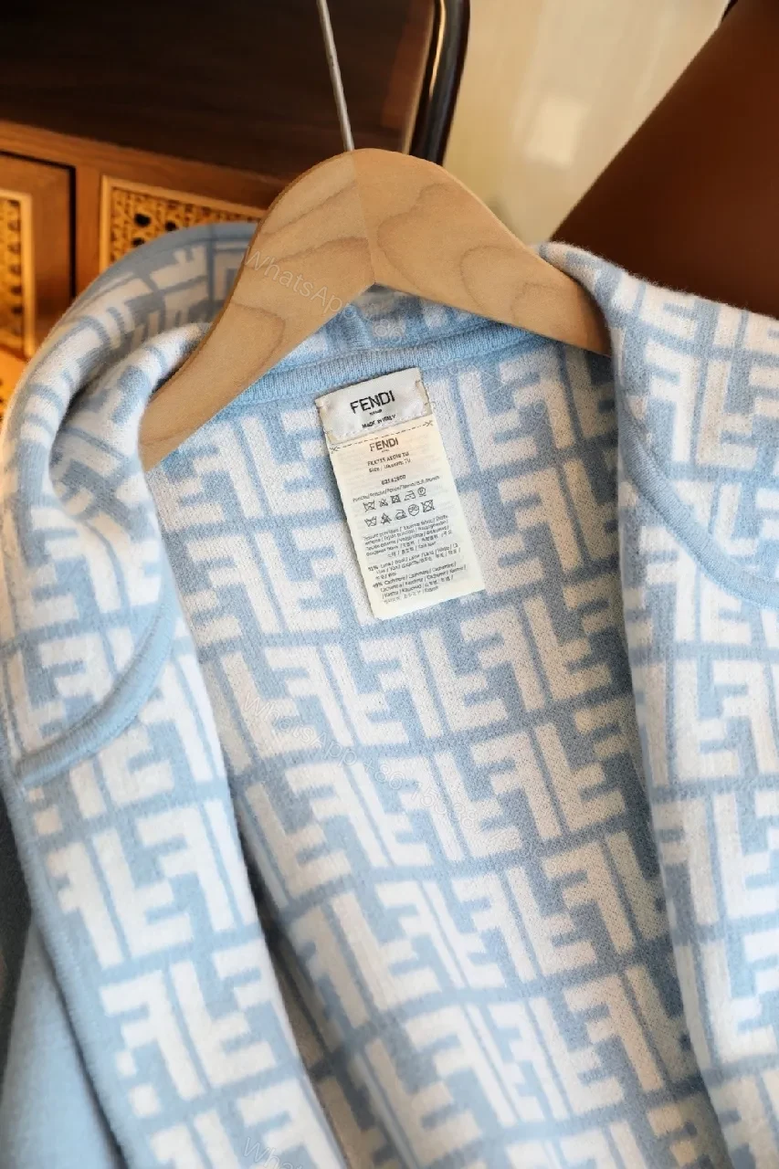View 9 of Blue Knit Wrap Coat with Patterned Lining, Luxurious Cozy Style