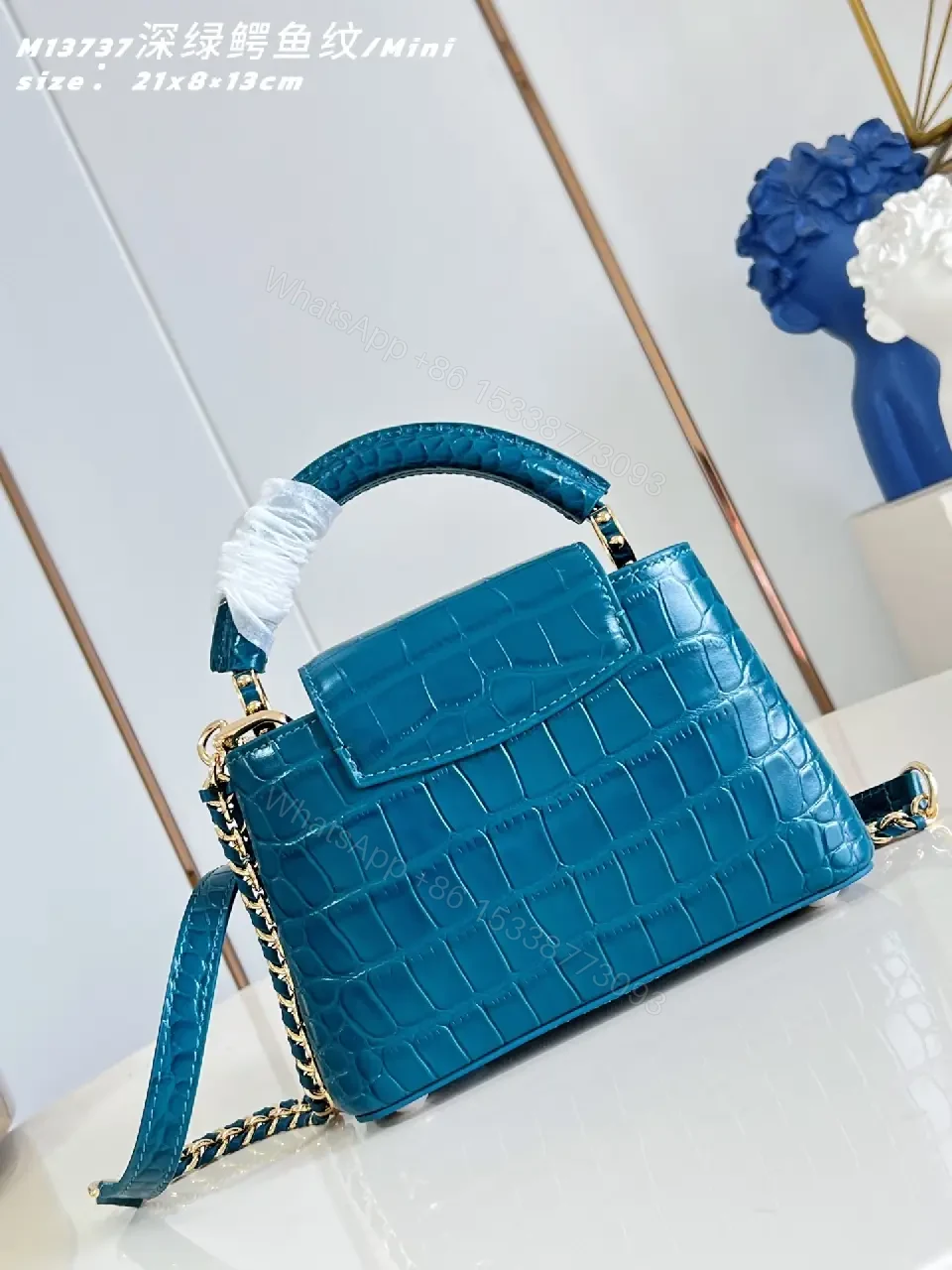View 3 of Teal Crocodile-Texture Mini Bag with Gold Emblem