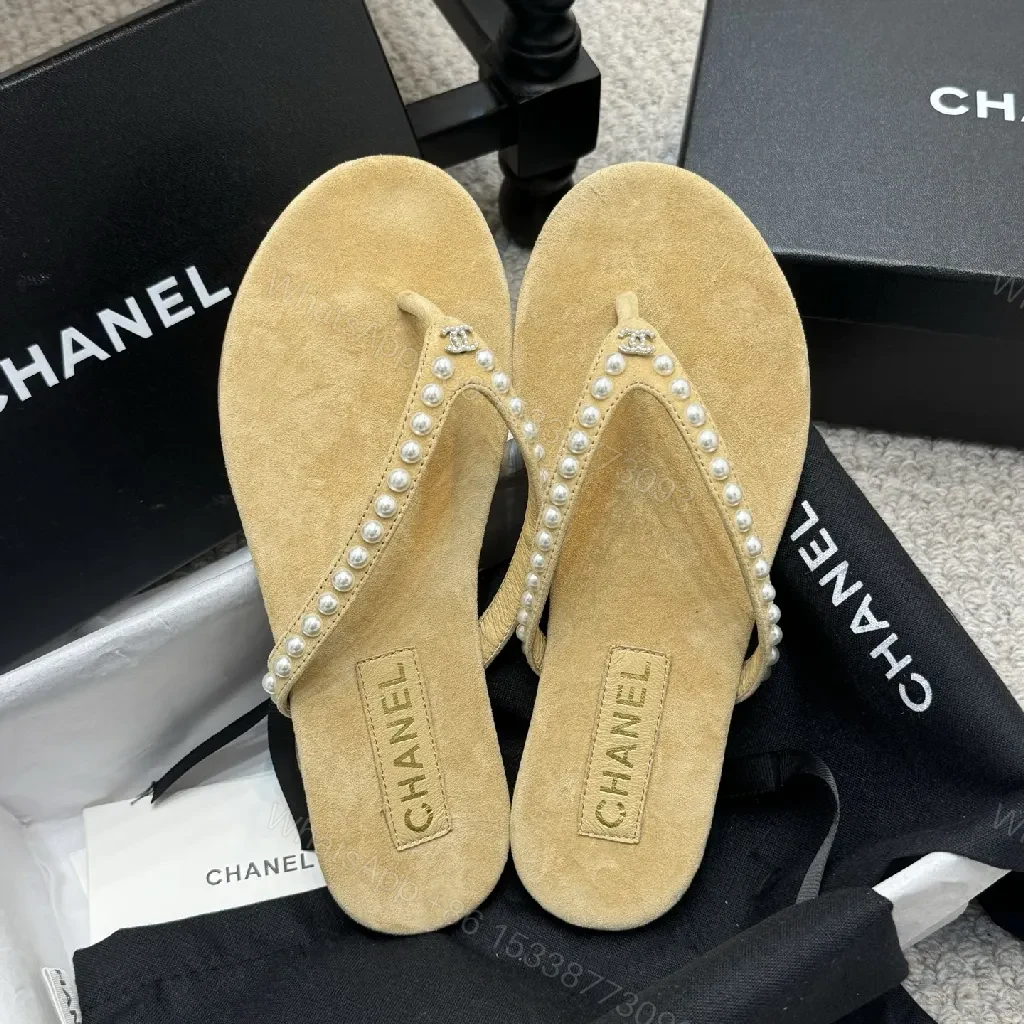 View 5 of Pearl-Trim Sandals: Suede Footbed, Beaded Straps, Beige Leather