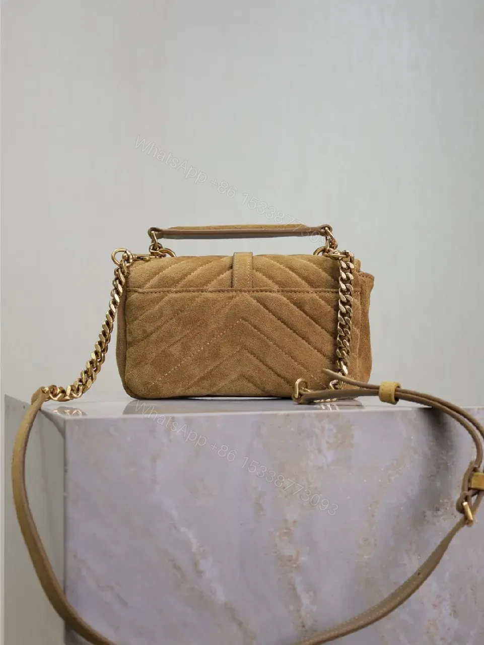 View 8 of Warm Taupe Quilted Mini Bag with Luxe Hardware, Envelope Flap
