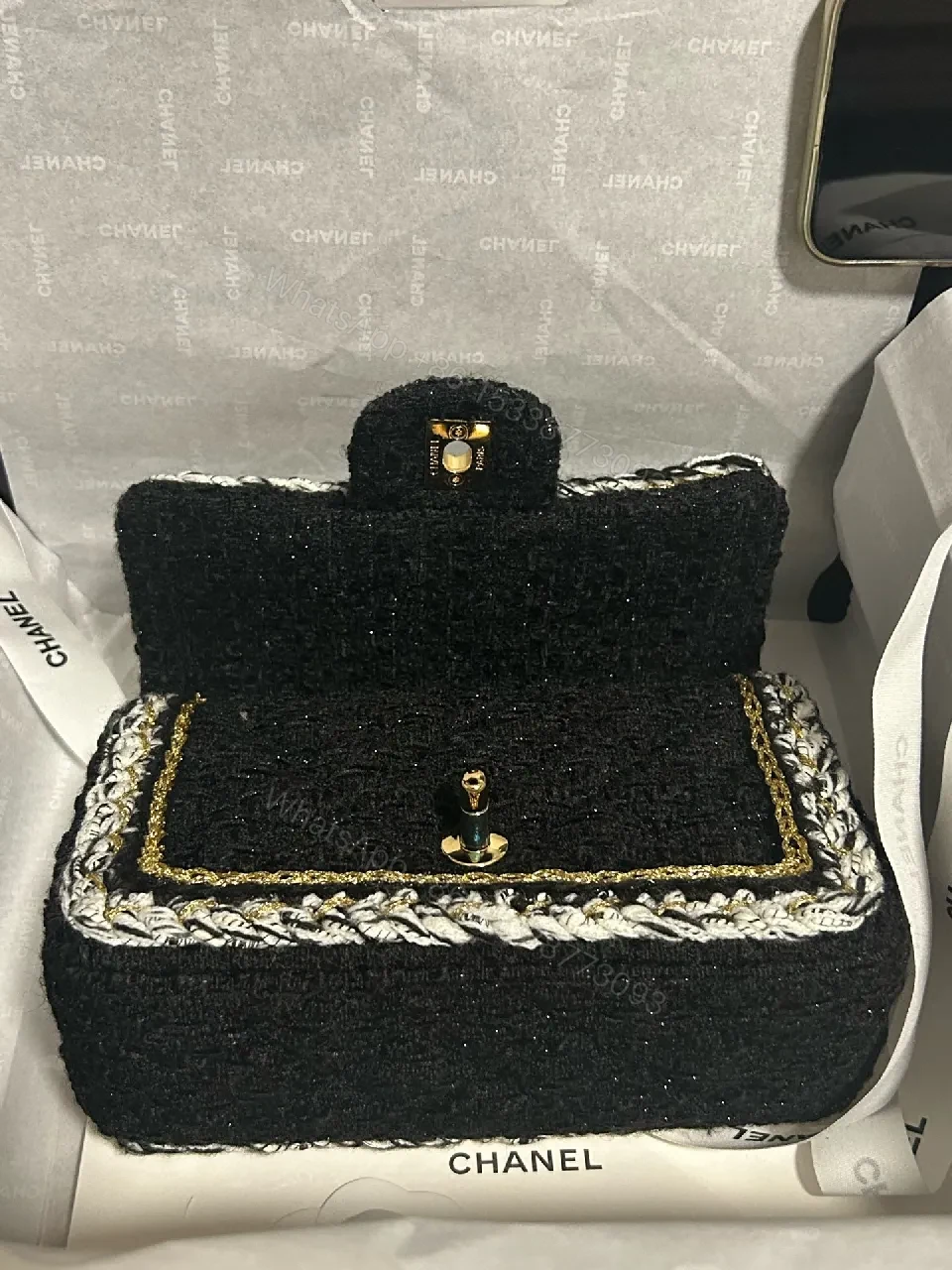 View 8 of Velvet Flap Bag with Gold-Edge Chain Detailing