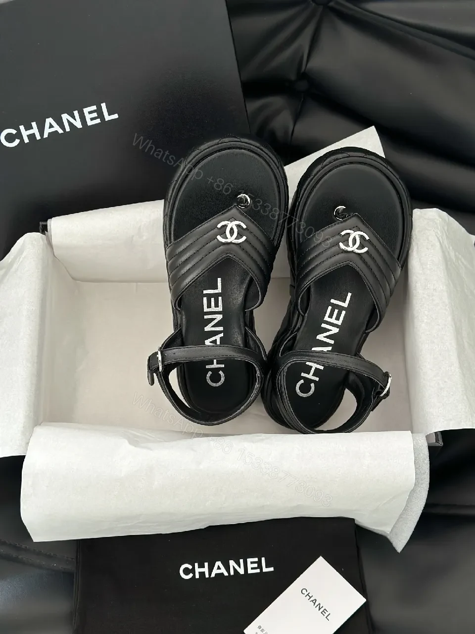 View 6 of Black Leather Quilted Sandals with Interlocking Detail, Platform Style