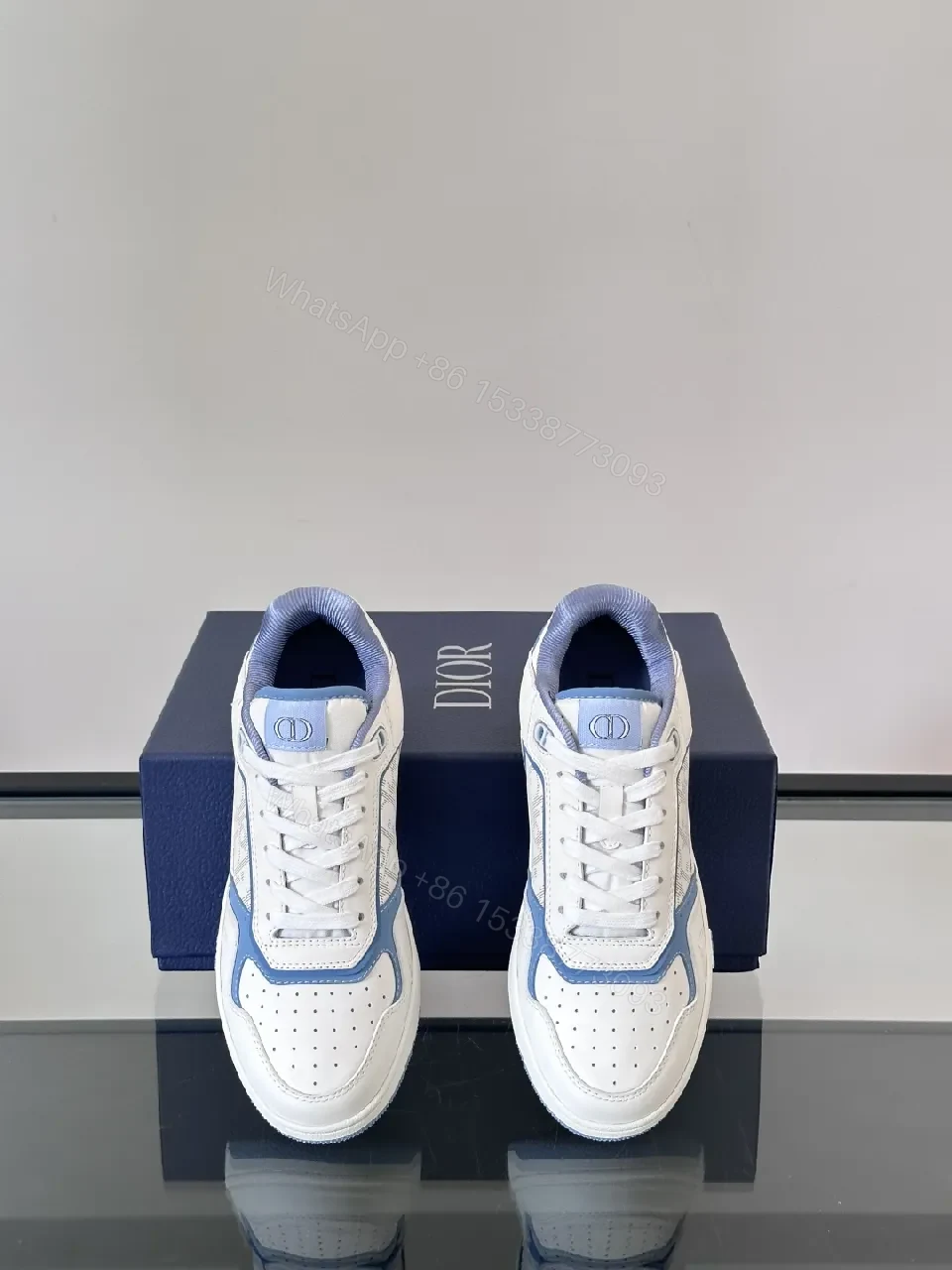 View 5 of White & Sky Blue Leather High-Tops with Subtle Monogram Texture