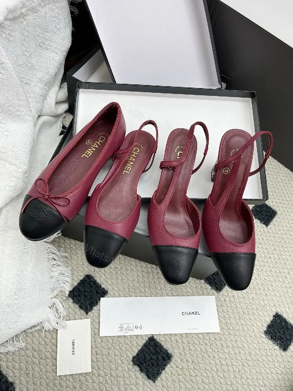 View 2 of Burgundy Satin + Black Leather Ballet Flat, Two-Tone, Comfort