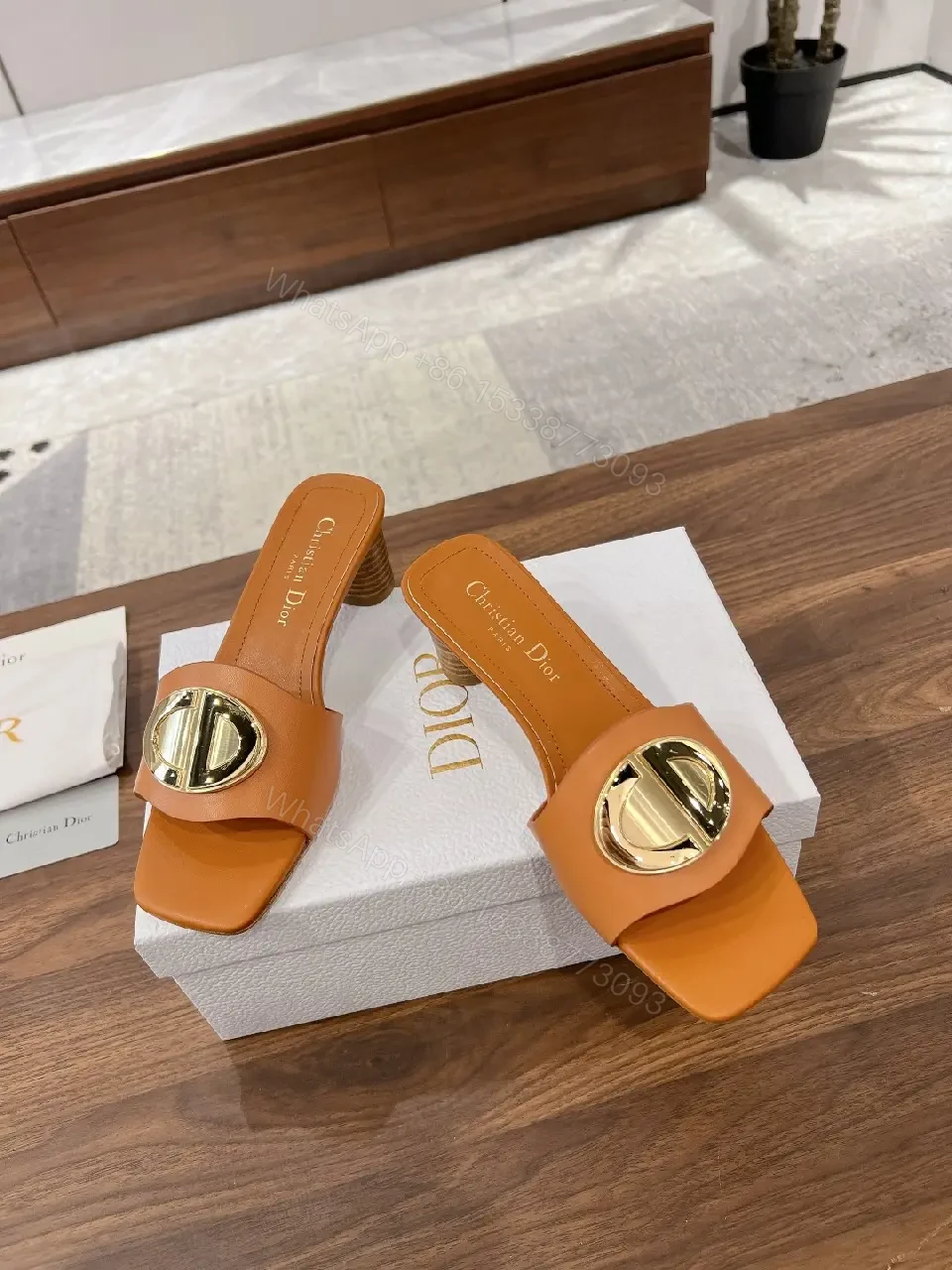 View 9 of Tan Leather Mule Gold Logo Buckle Dior Style Heel Slip-On Sandal