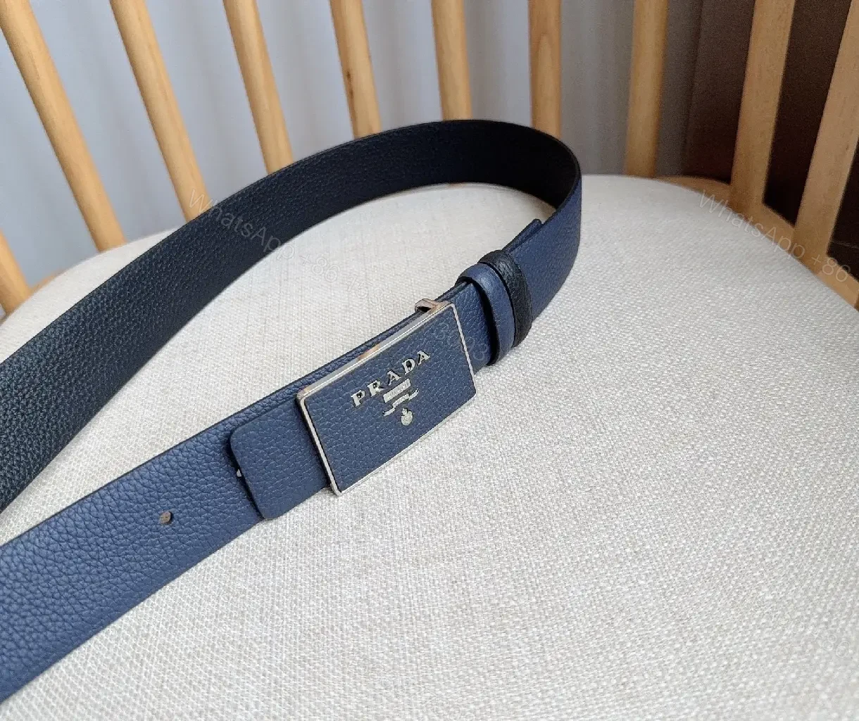 View 7 of Navy Textured Leather Belt with Brushed Metal Buckle
