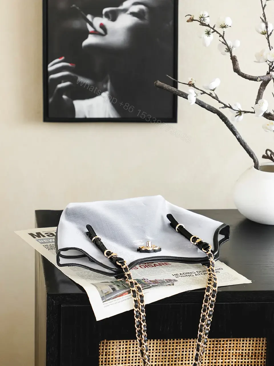 View 3 of White & Black Quilted Tote Mini Clutch with Gold Chanel Logo