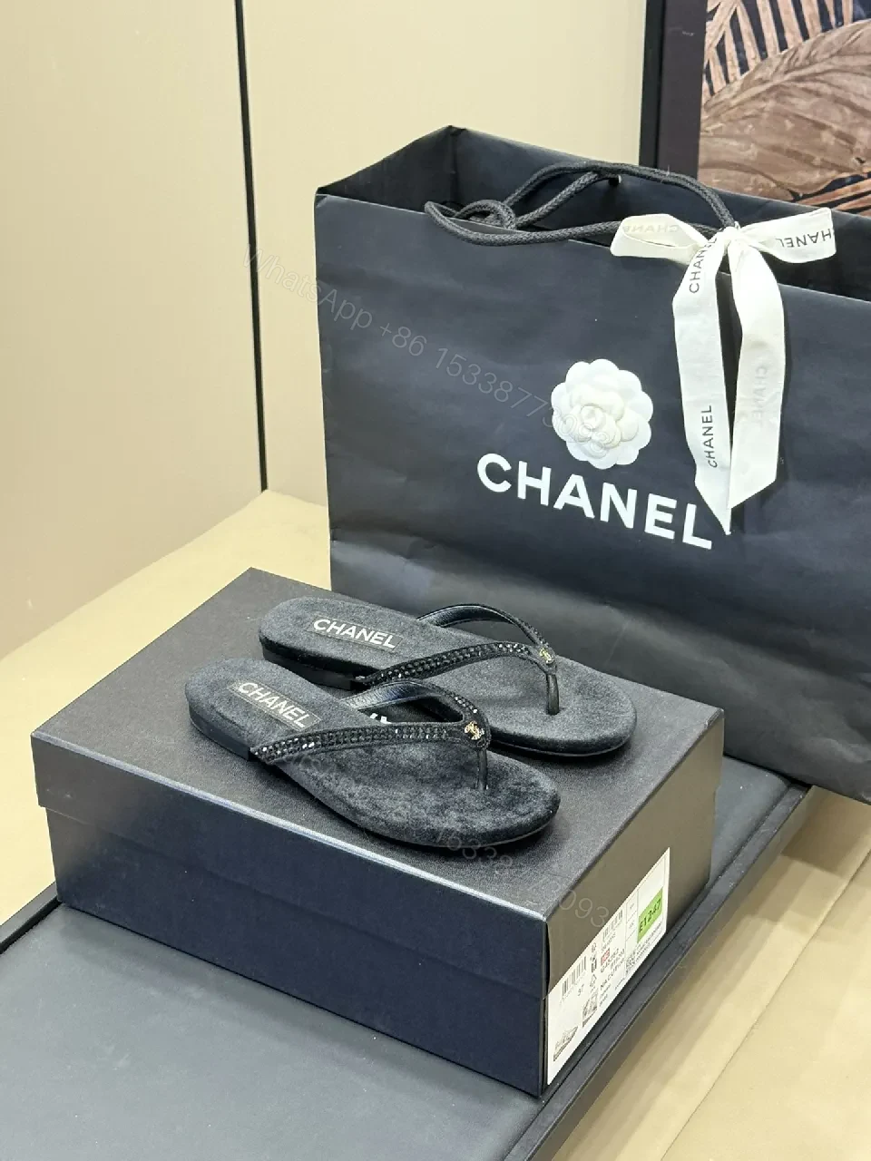 View 2 of Black Suede-Feel Thong Sandals with Crystal Straps - Luxe Casual Footwear