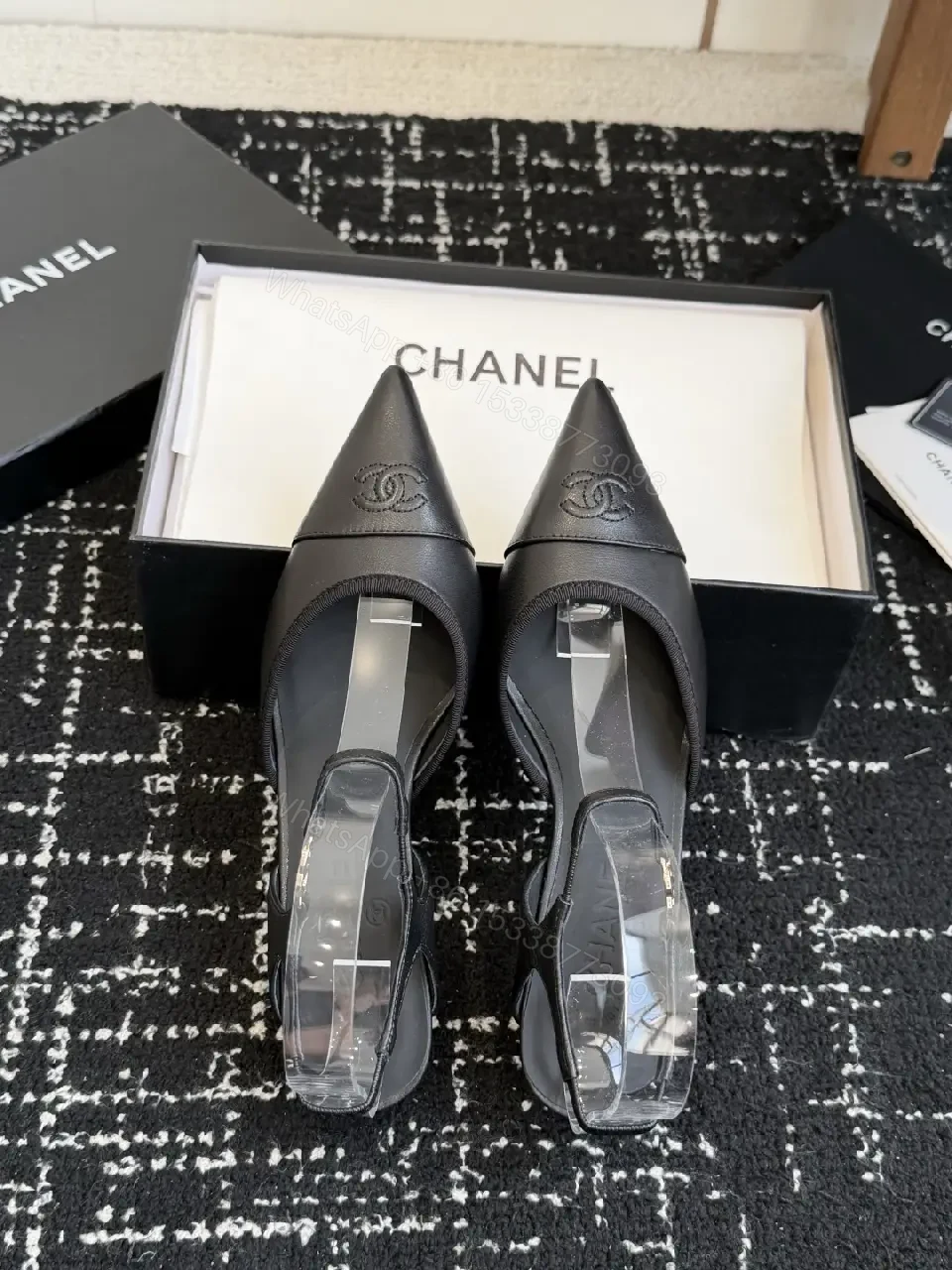 View 3 of Black Leather Sandal Heels with Chanel Logo, Slingback Style