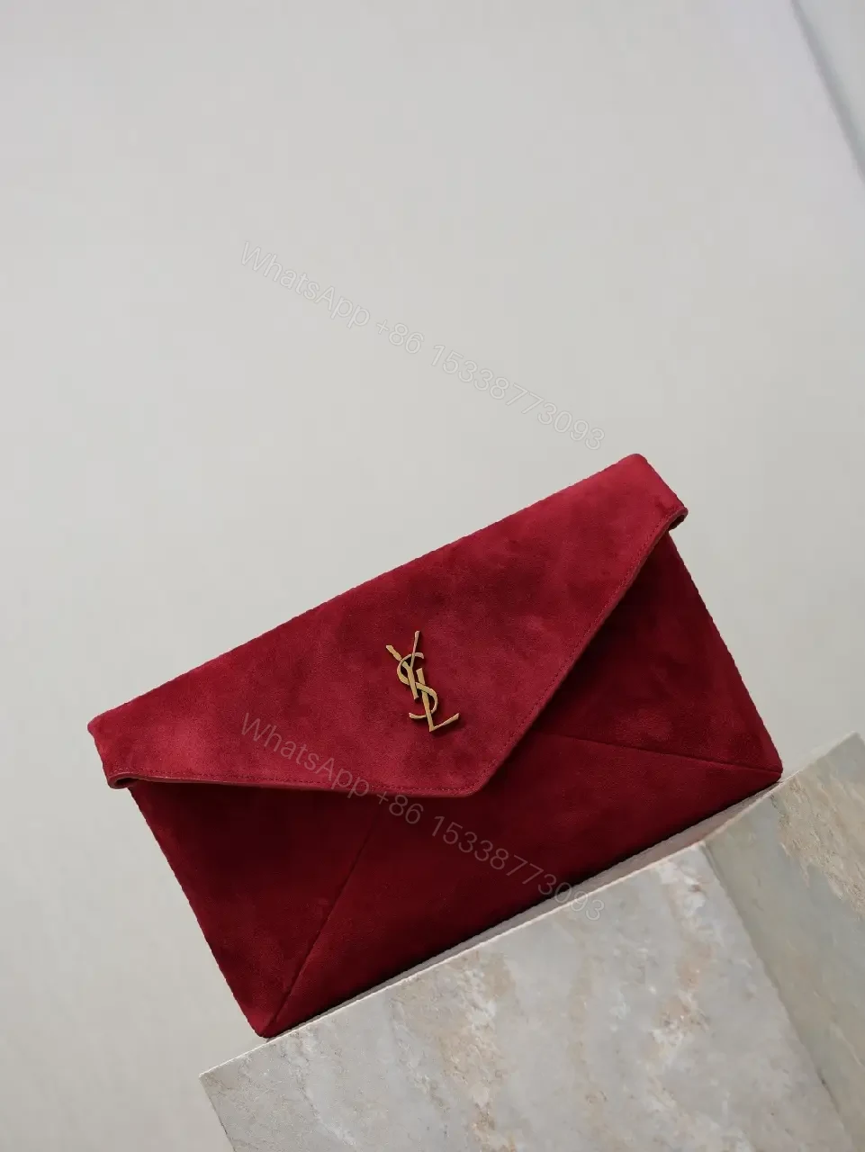 View 5 of Velvet Red Clutch: Gold Hardware Envelope Evening Bag