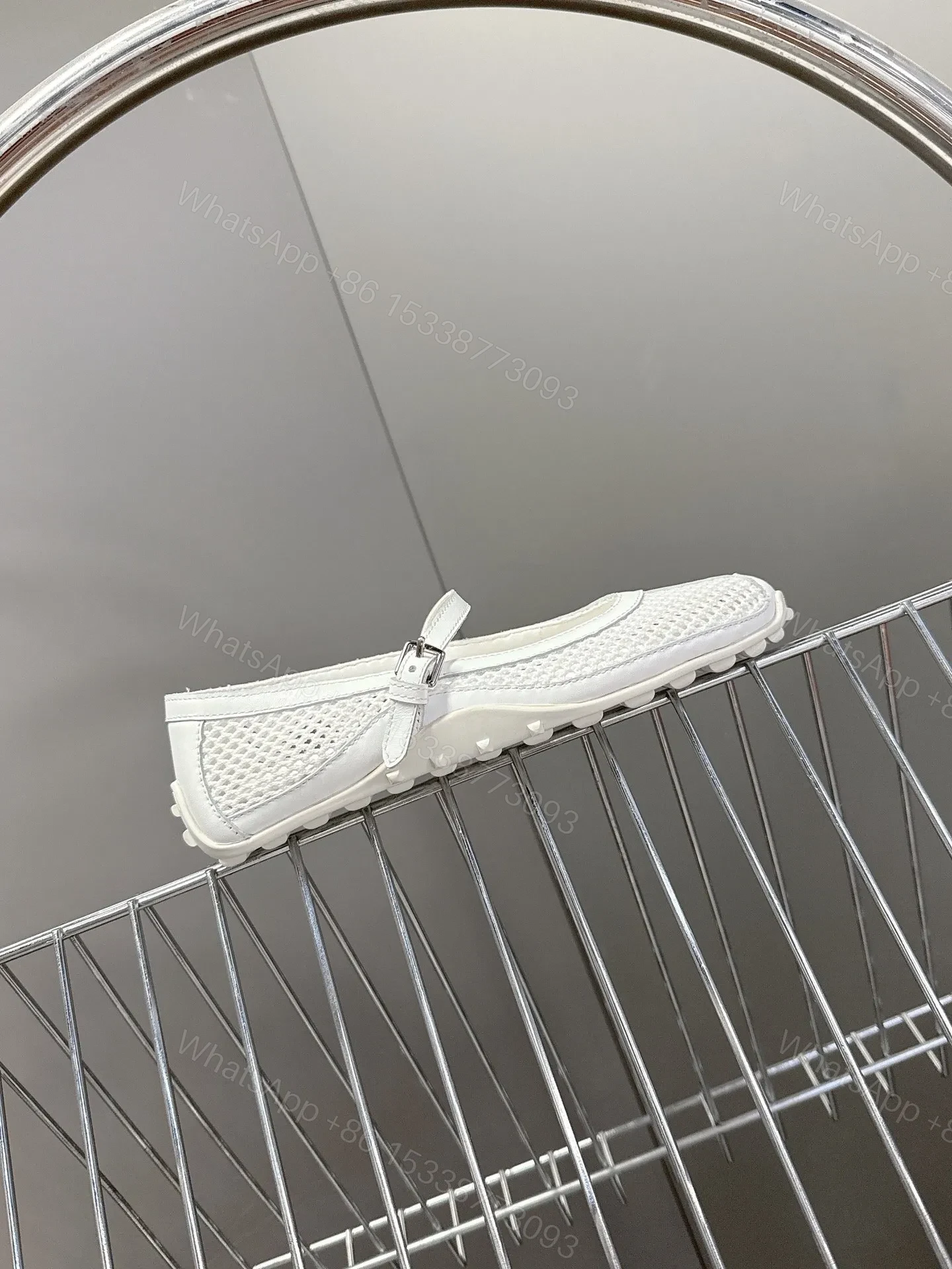 View 6 of Hermes Women White Mesh Leather Mary Jane Flats