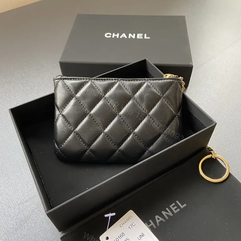 View 8 of Compact Black Quilted Wallet with Gold Chanel Charm â€“ Everyday Luxury