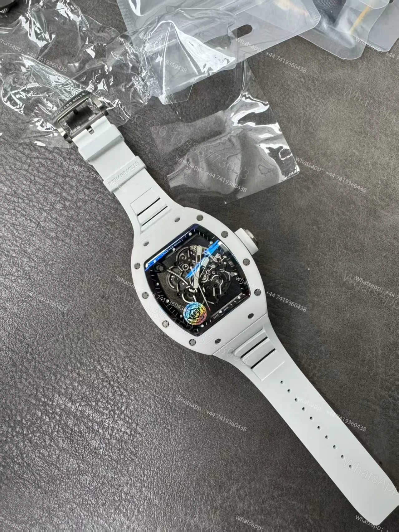 View 2 of Super Clone Richard Mille RM 055 White Ceramic Titanium Skeleton White Rubber Strap 1:1 Replica Watch