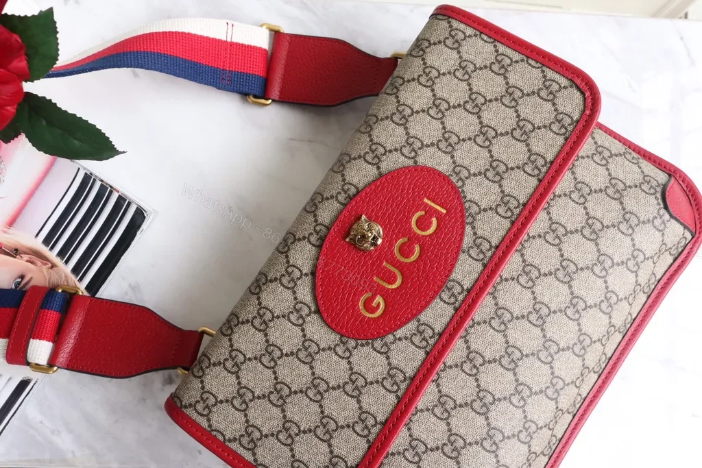 View 5 of G GG Canvas Crossbody: Red Leather Trim, Striped Strap