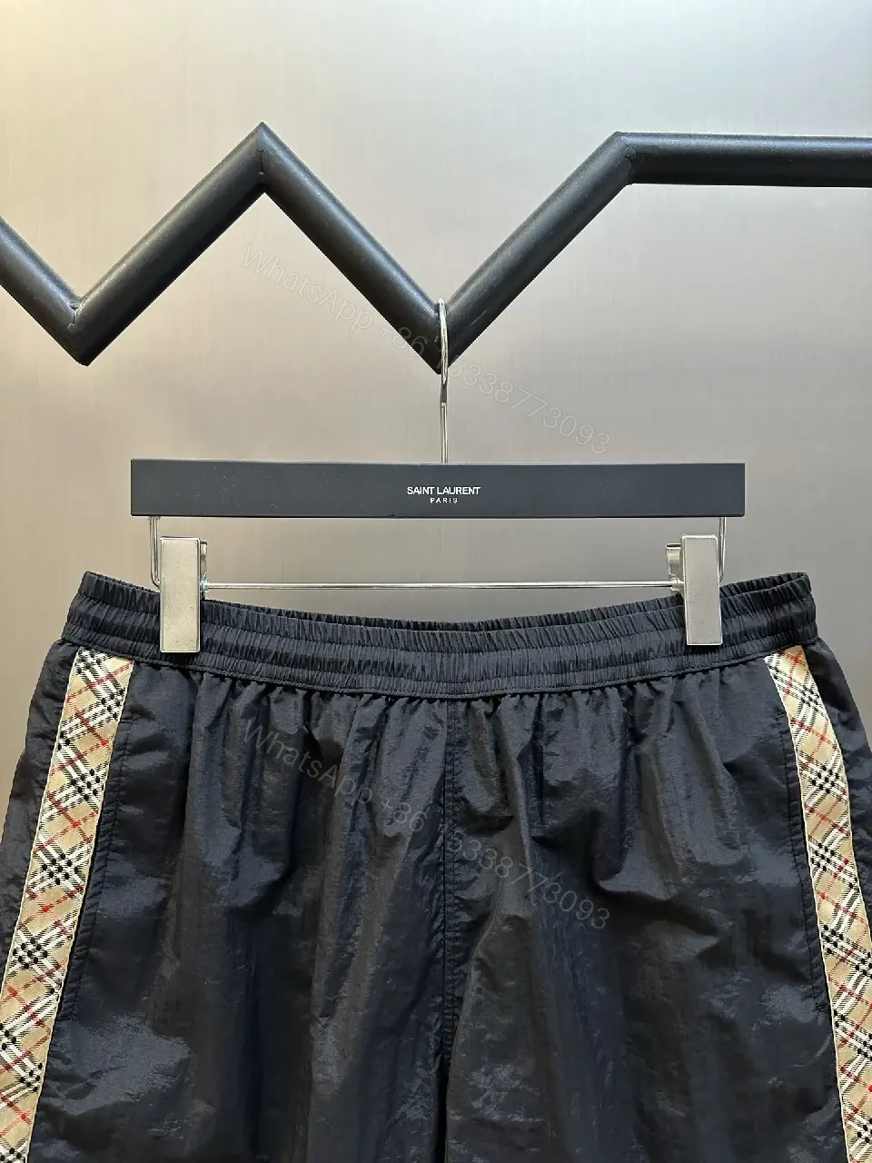 View 6 of Black Nylon Shorts Burberry Plaid Side Stripes Casual Elastic Waist Shorts
