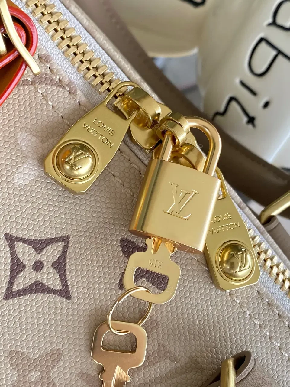 View 6 of Light Taupe LV Monogram Duffle — Canvas, Leather Trim, Top Zip, Recessed Gold Hardware