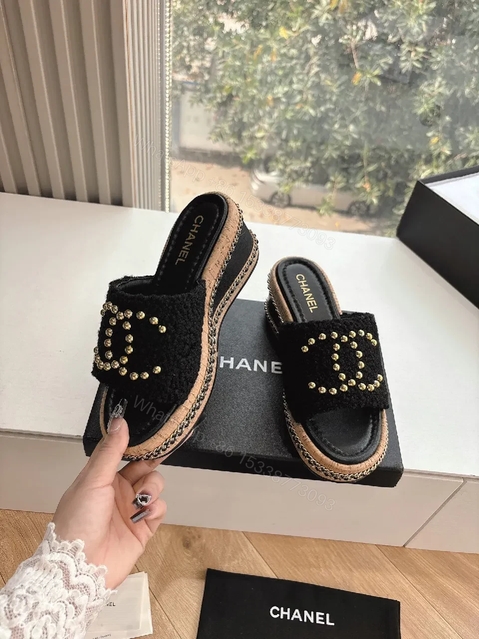 View 2 of Textured Black Sandals with Gold Bead Embellishment