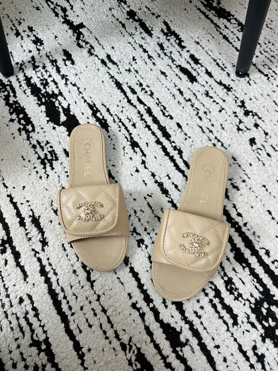 View 5 of Neutral Beige Leather Slides + Logo Accent, Modern Luxury Slide
