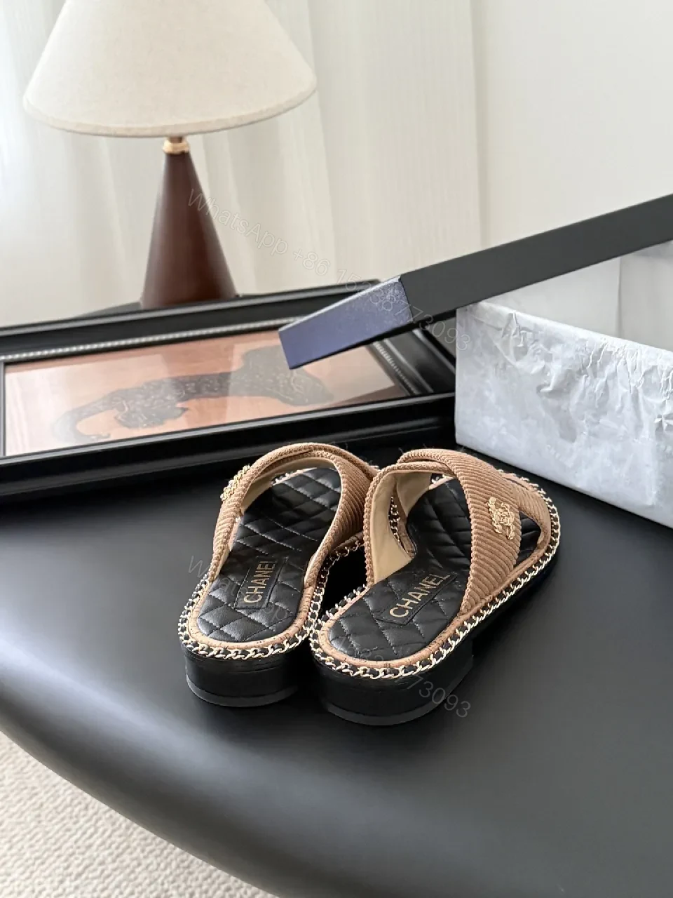 View 8 of Leather-Wrapped Espadrille Slides with Knit Strap, Quilted Footbed