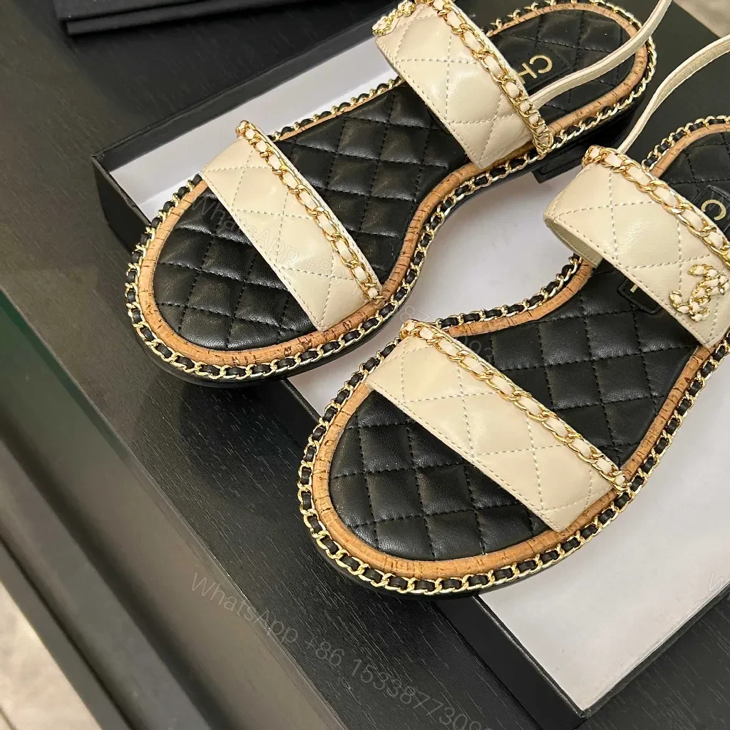 View 8 of Quilted Sandal with Chain Trim – Luxury Two-Tone Style