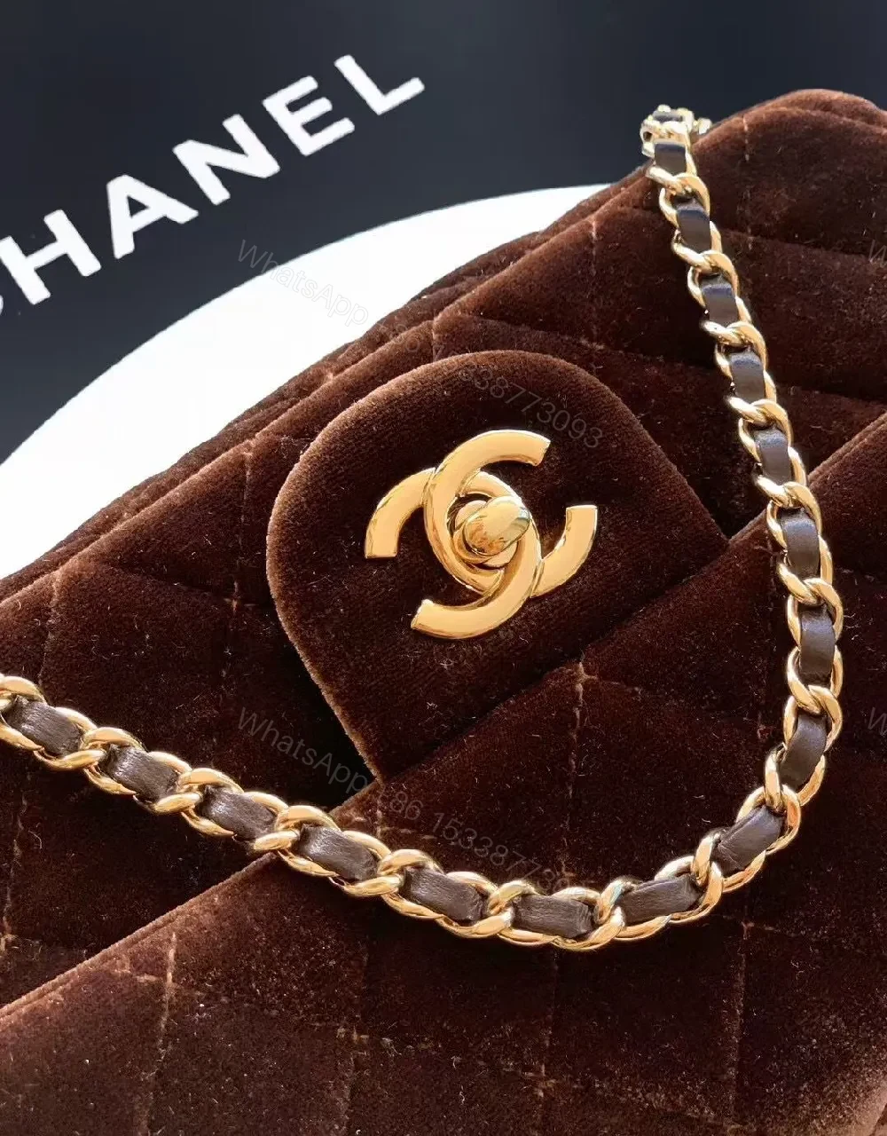 View 4 of Velvet Flap Bag with Gold Logo Chain, Compact Luxury