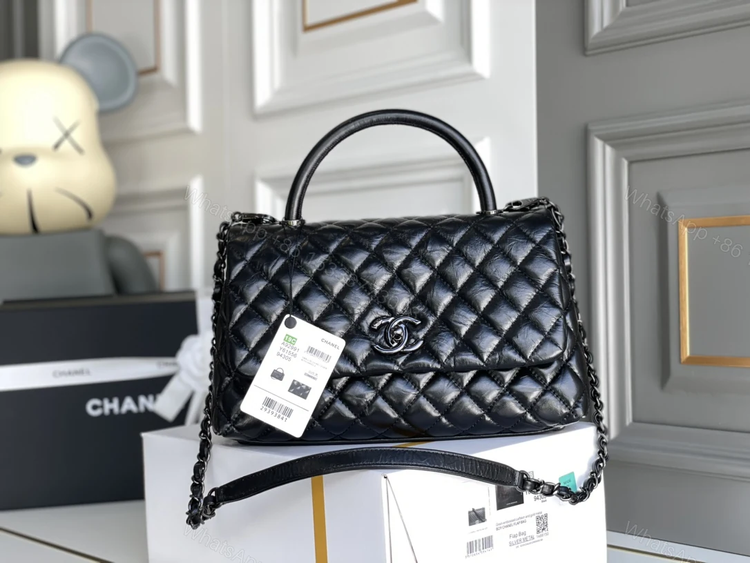 CHANEL 原單 Coco Handle 手提包 黑色漆皮 大號菱格紋鏈條包 — view 1