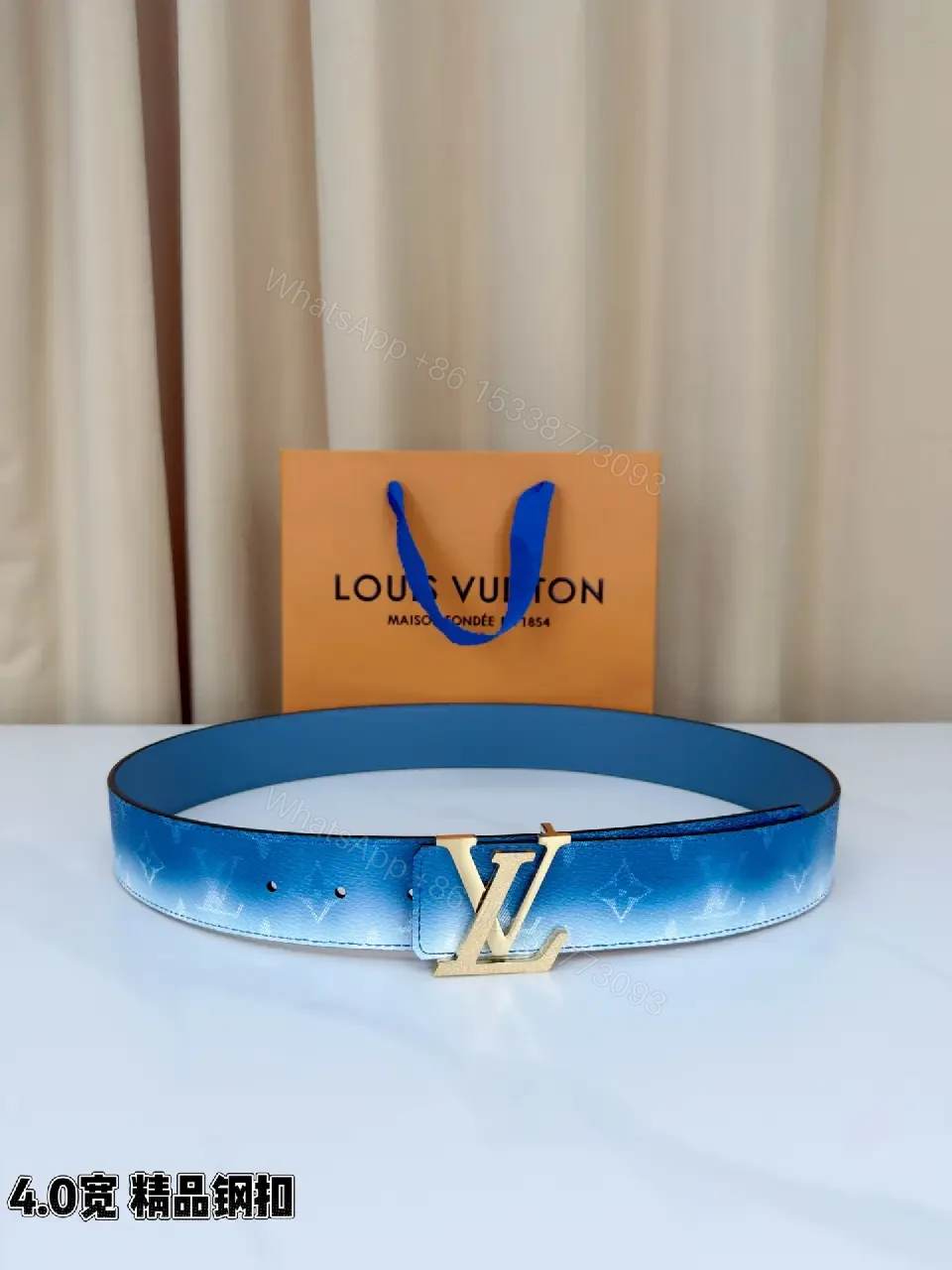 View 10 of Blue Gradient Leather Belt with Gold Buckle – Elegant Everyday Accessory