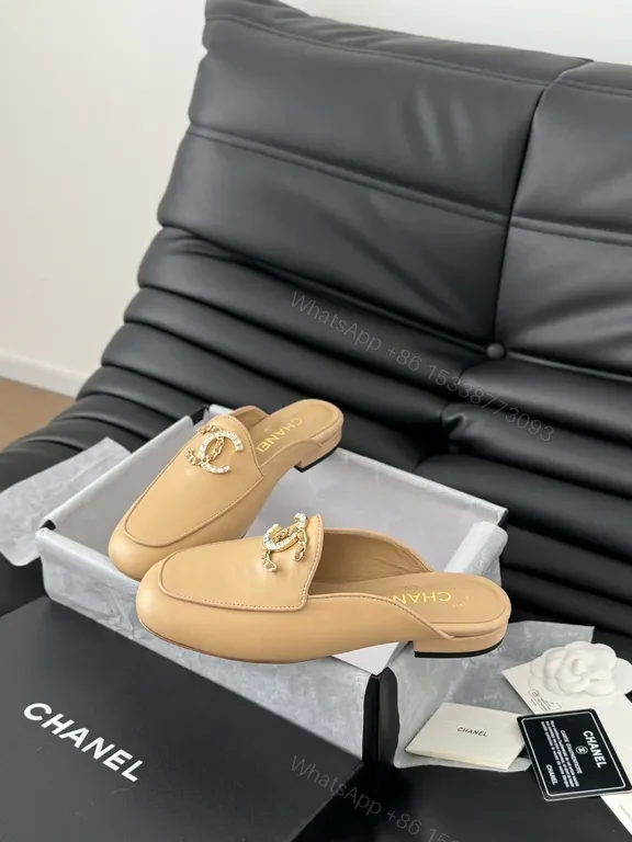 View 8 of Tan Leather Chanel-Style Mules: Signature Hardware, All-Day Comfort