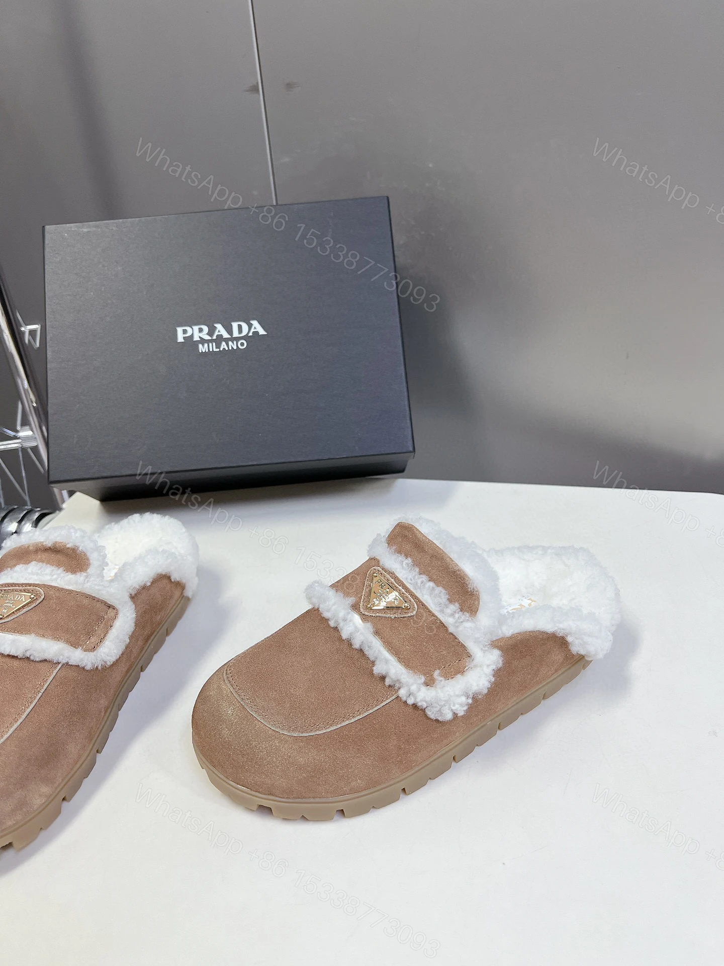 View 3 of PRADA SUEDE AND SHEARLING SLIPPERS ECRU 1S711M X0O F0379 F ZG20