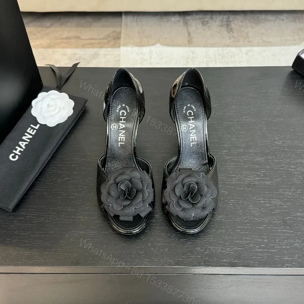 View 9 of Black Satin Floral Overlay Sandals – Luxe Stiletto, Open-Toe, Memory-Foam Comfort