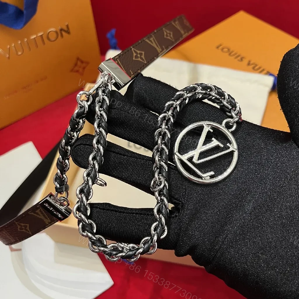View 4 of Chic Leather Belt Chain Choker with Logo Motif