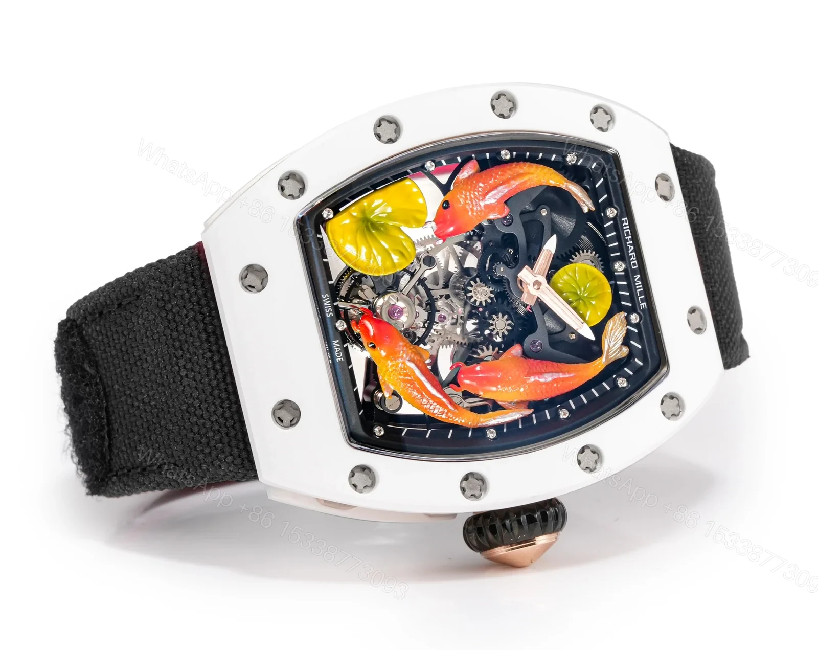 View 2 of Richard Mille RM S10 Koi Tourbillon Watch Black Strap Colorful Skeleton Dial Red Gold Diamond Koi Art Mechanical Edition RM-S10-KOI-BLS-CFD