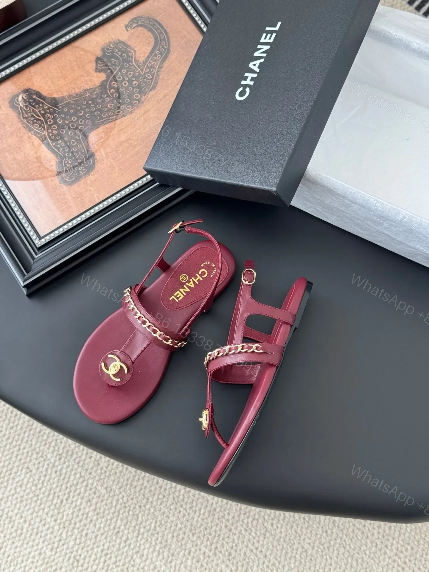 View 3 of Chanel Women Burgundy Leather Sandals