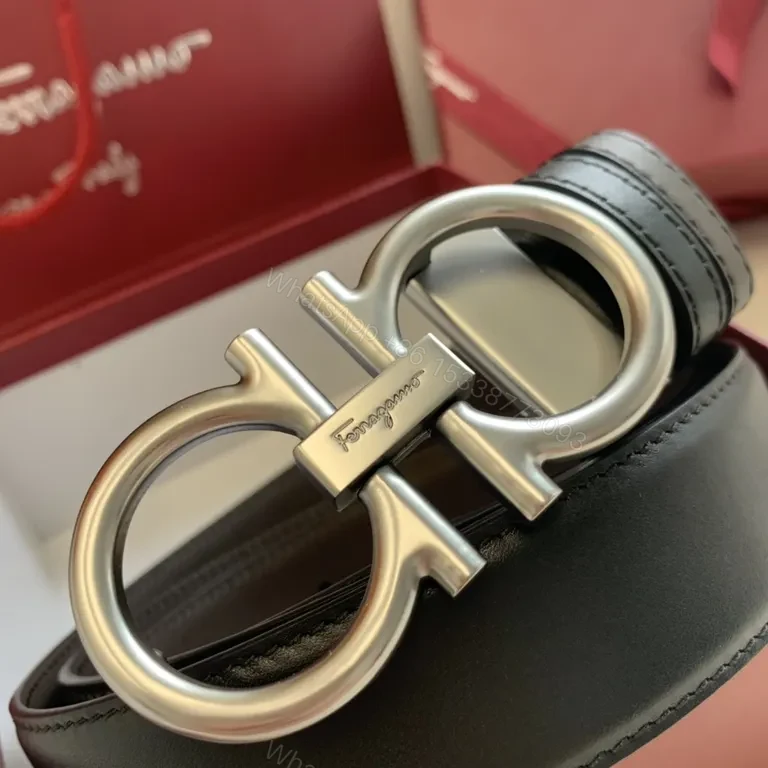 View 7 of Black Calfskin Leather Belt â€” Ferragamo Double Gancini, 3.5cm, Luxury Style