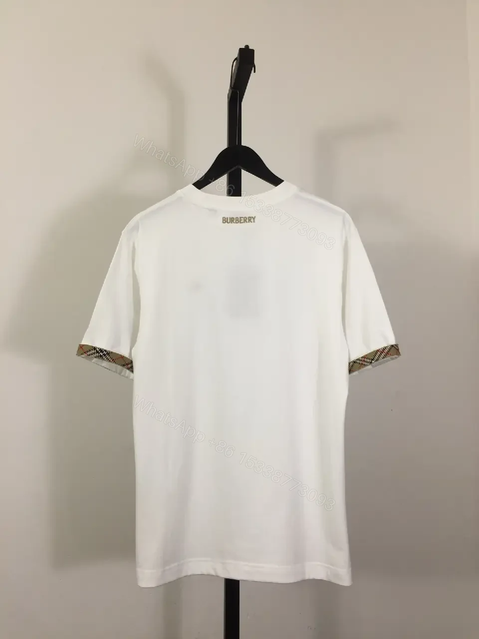 View 8 of White Cotton T-Shirt with Plaid Trim, Crewneck, Short Sleeves
