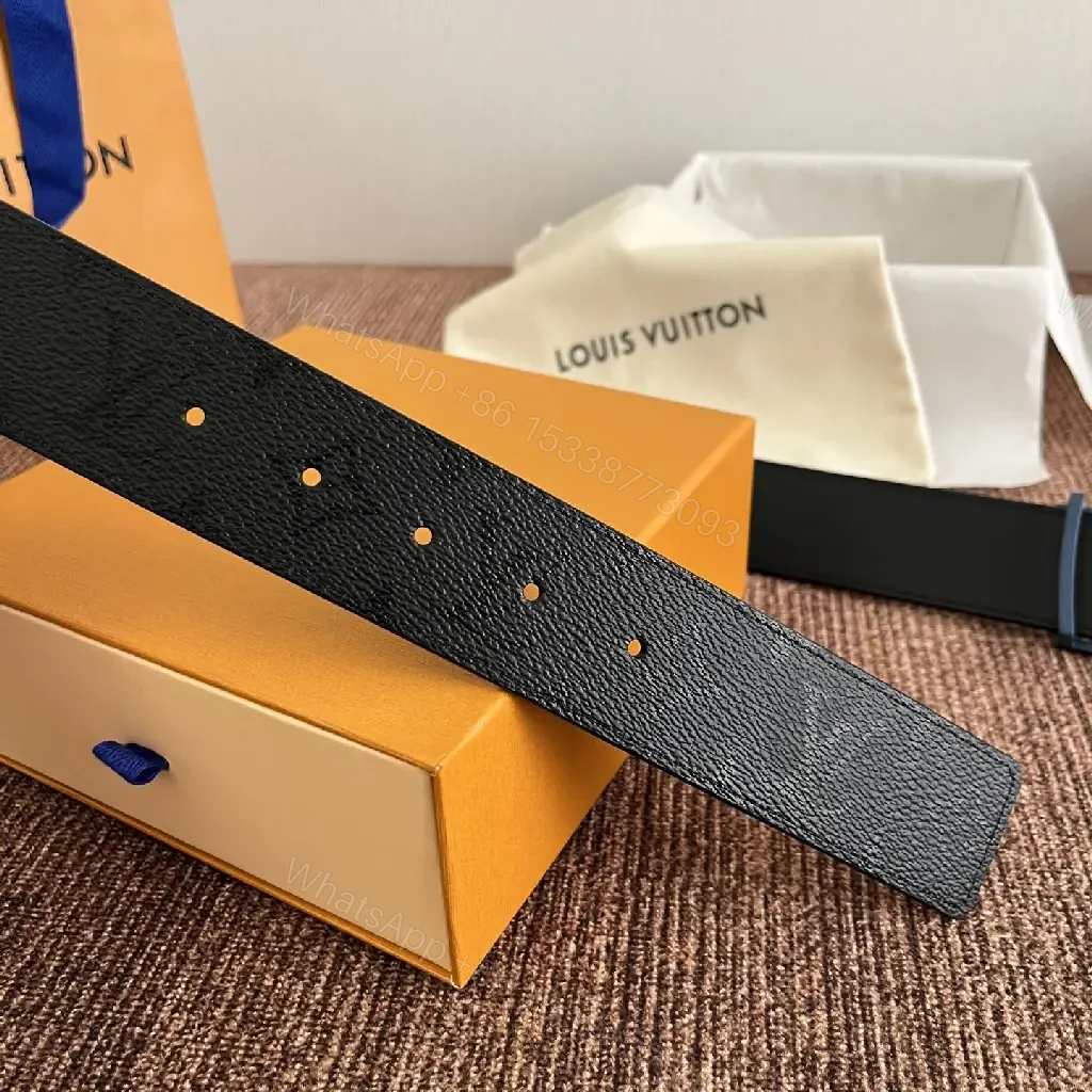View 6 of Black Belt with Blue LV Logo Buckle, Pebbled Leather, Classic Style