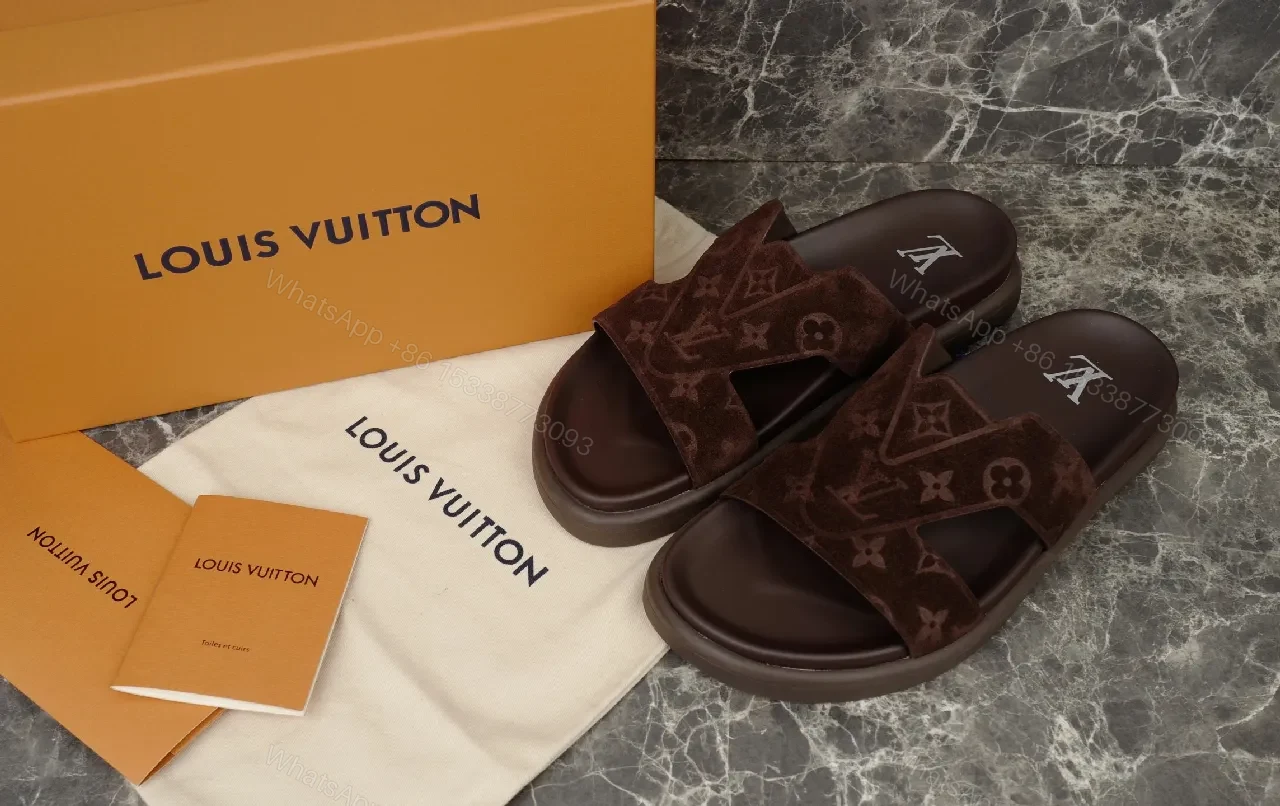 Brown Monogram Sandals | Suede Straps | Casual Luxury Slides — view 1