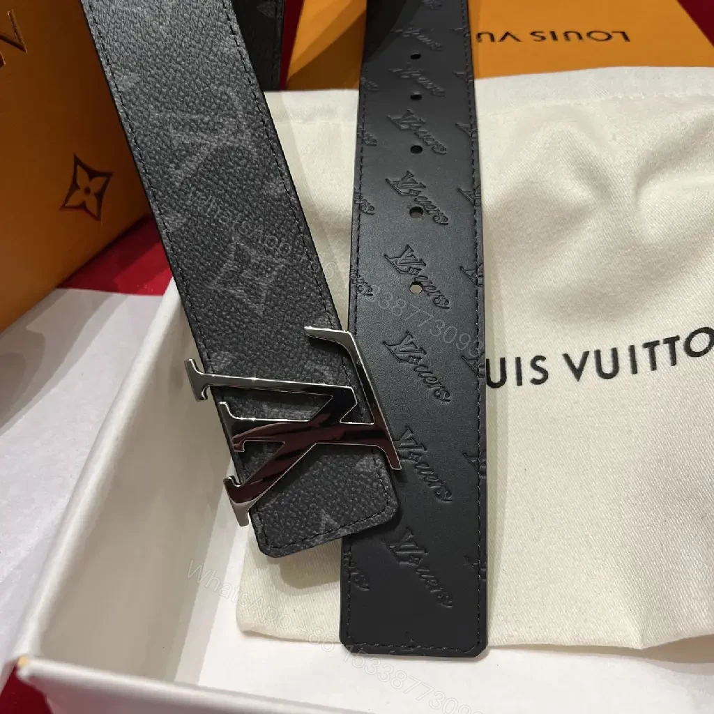 View 2 of Black Leather Belt, Embossed LV Motifs, Polished YSL-Style Buckle