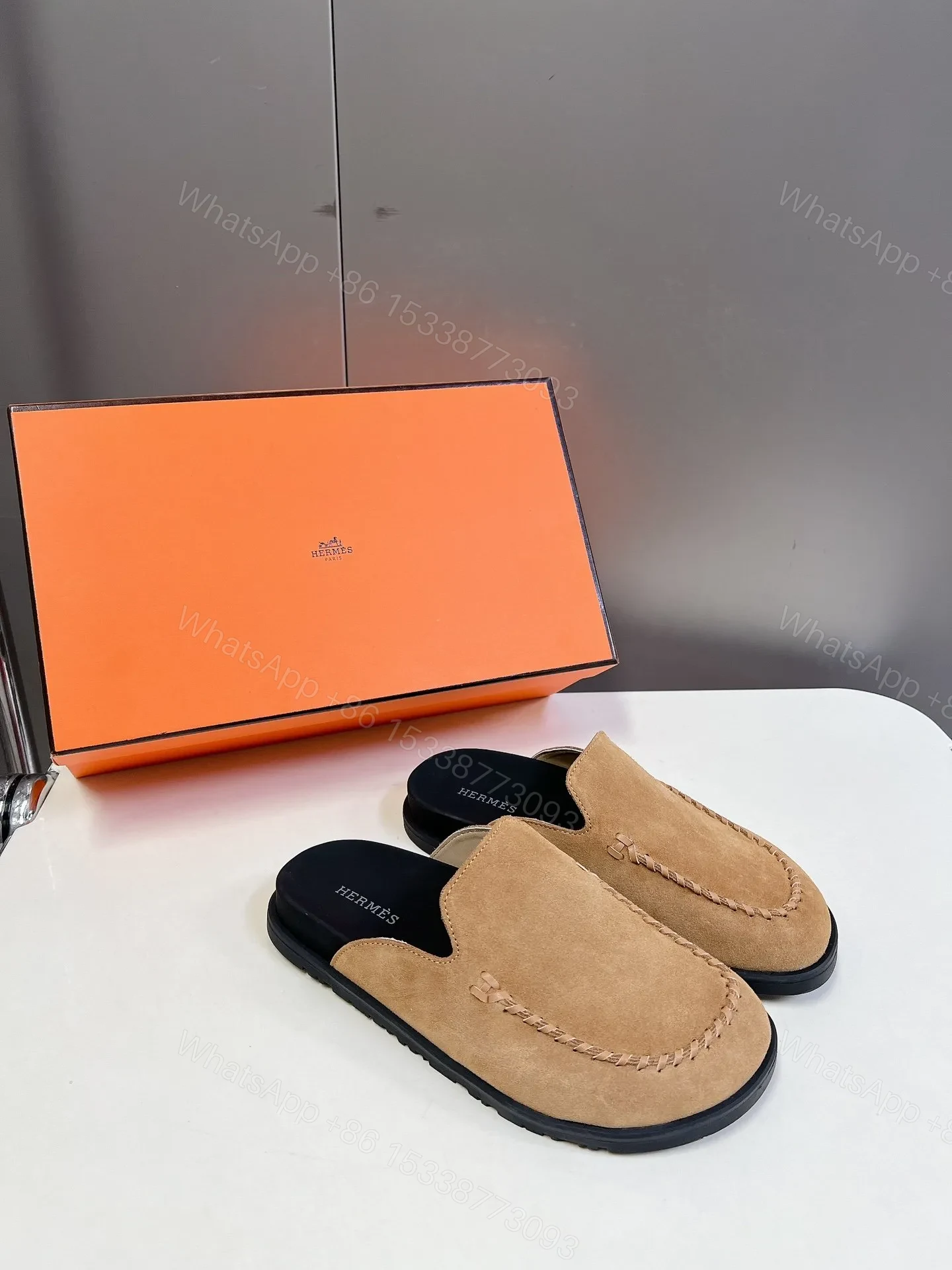 View 5 of Hermes Women Tan Suede Slip On Mules